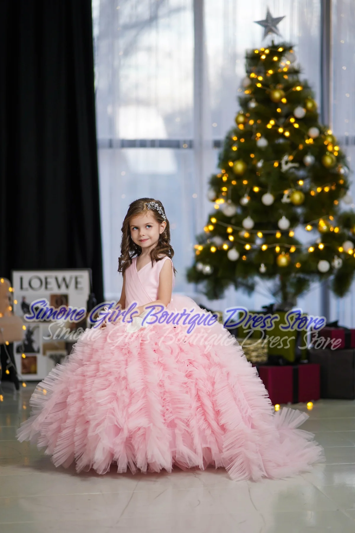 Vestido de fiesta con cuello en V, falda hinchada rosa con lazo, vestido de niña de flores para recepciones formales, celebraciones navideñas, actuaciones de baile, fiestas