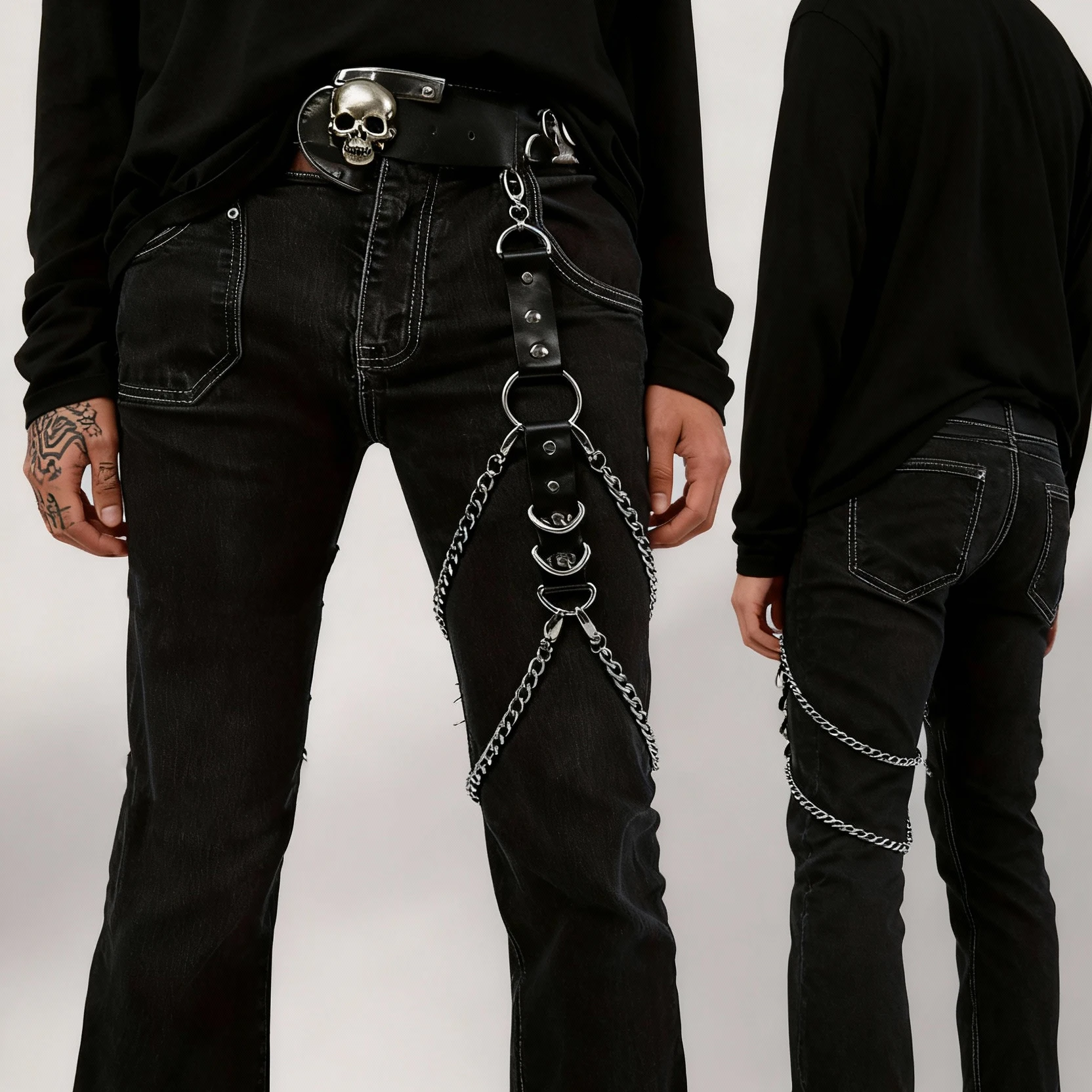 Black Punk Gothic Adjustable PU Leather Thigh Harness Strap for Men, Fashion Leg Decor Accessory for Jeans, Carnival and Rave