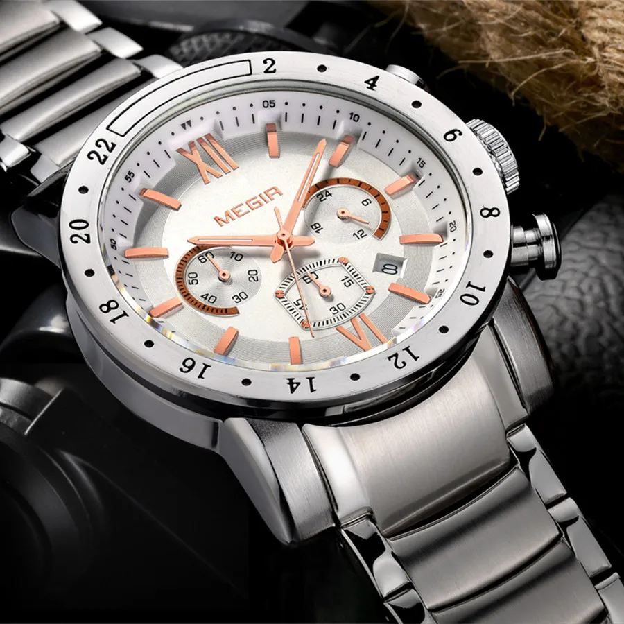 MEGIR Stainless Steel Casual Watches for Men Waterproof Luminous Dial Man Quartz Business Wristwatch with Chronograph Auto Date