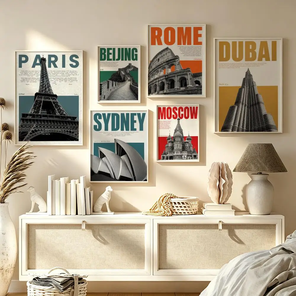 City Landmarks Paris Dubai Poster Home Living Bed Room Bar Hallway Sticky Wall Art Printing Waterproof Aesthetic Decor