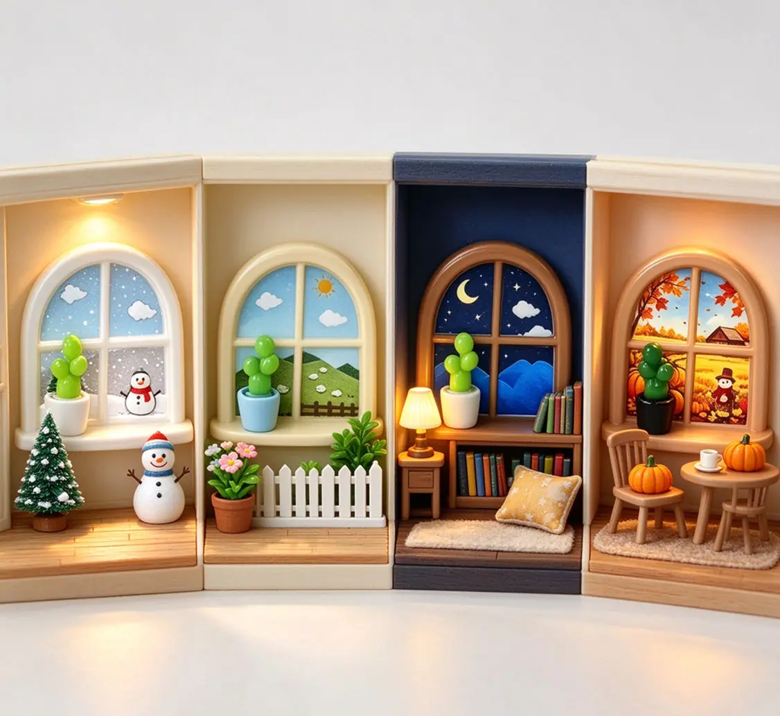 Miniature Four Season Window with Cactus, Resin Cartoon Arch Window Ornament, DIY Micro Landscape Decor, Dollhouse Scene