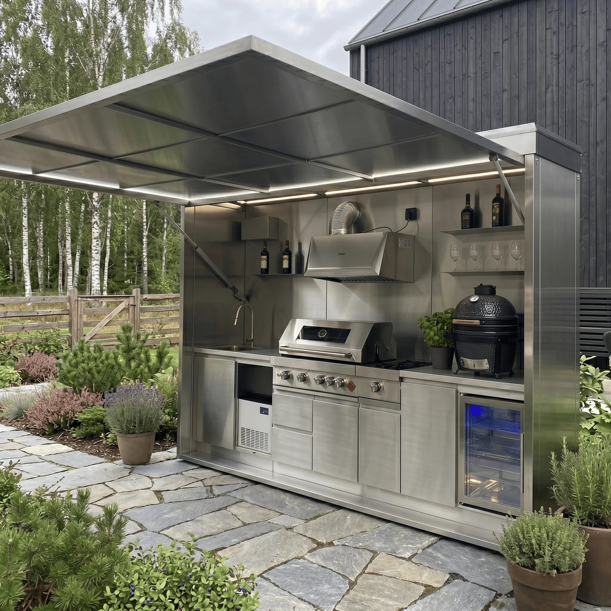 Outdoor Kitchen Pod Custom Outdoor BBQ Shelter with Stainless Steel Kitchen Island Grill Station for Backyard Patio