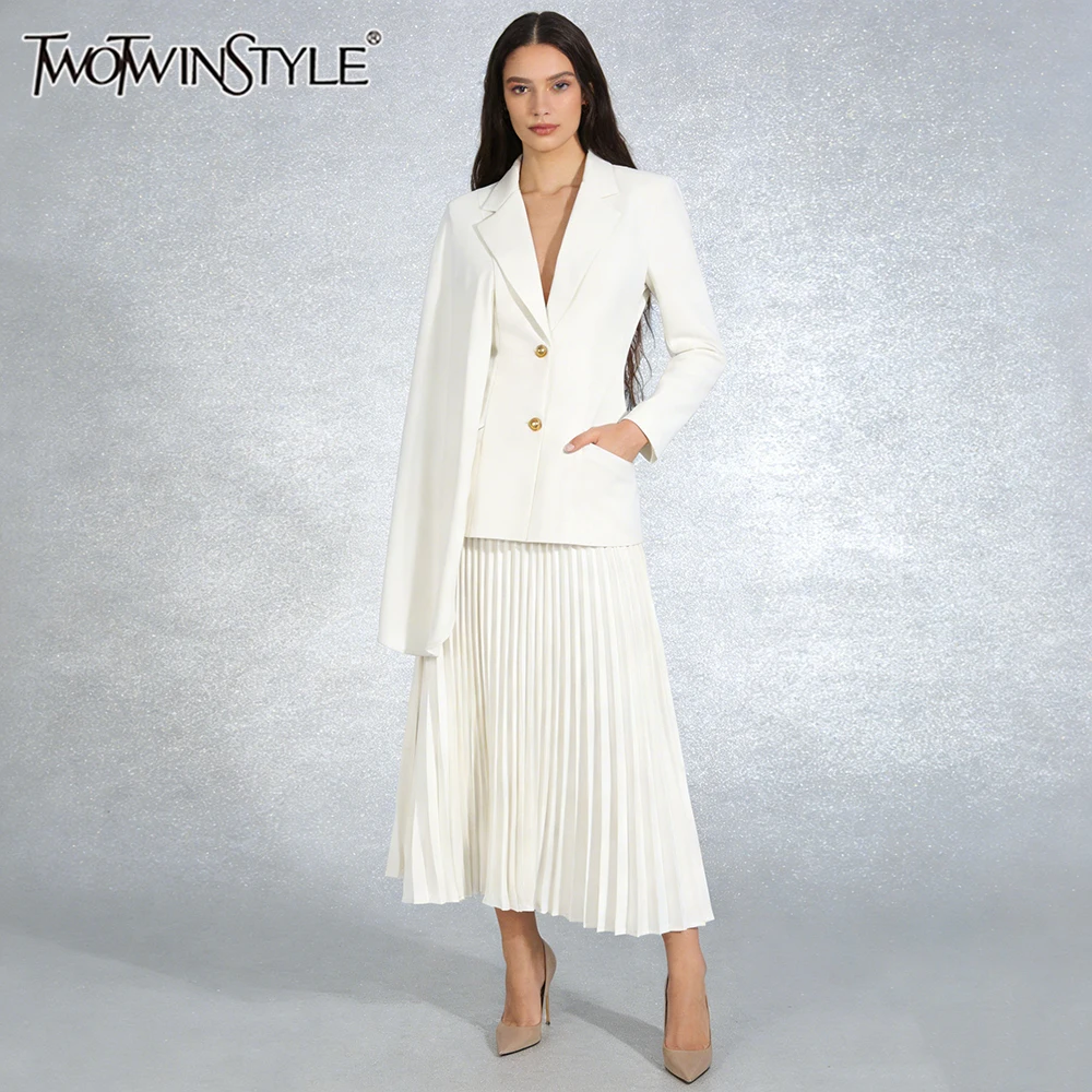 

TWOTWINSTYLE White Two Piece Set for Women Lapel Long Sleeve Blazer with Cape High Waist Pleated Skirt Sets for Office Commuting