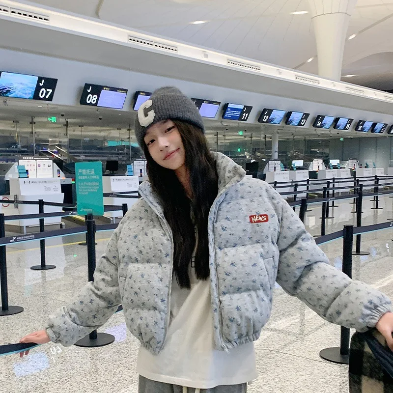 Sweet Floral Print Down Cotton Coat Women Winter Warm Short Tops All-match Cropped Jacket Thick Loose Windproof Outerwear New