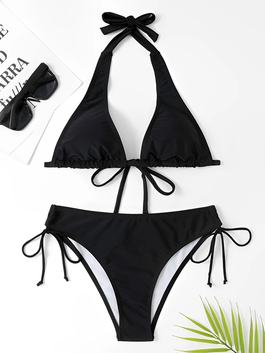 Conjunto de Bikini de dos piezas con cordón Halter para mujer, traje de baño femenino, bañadores sólidos, ropa de playa 2024