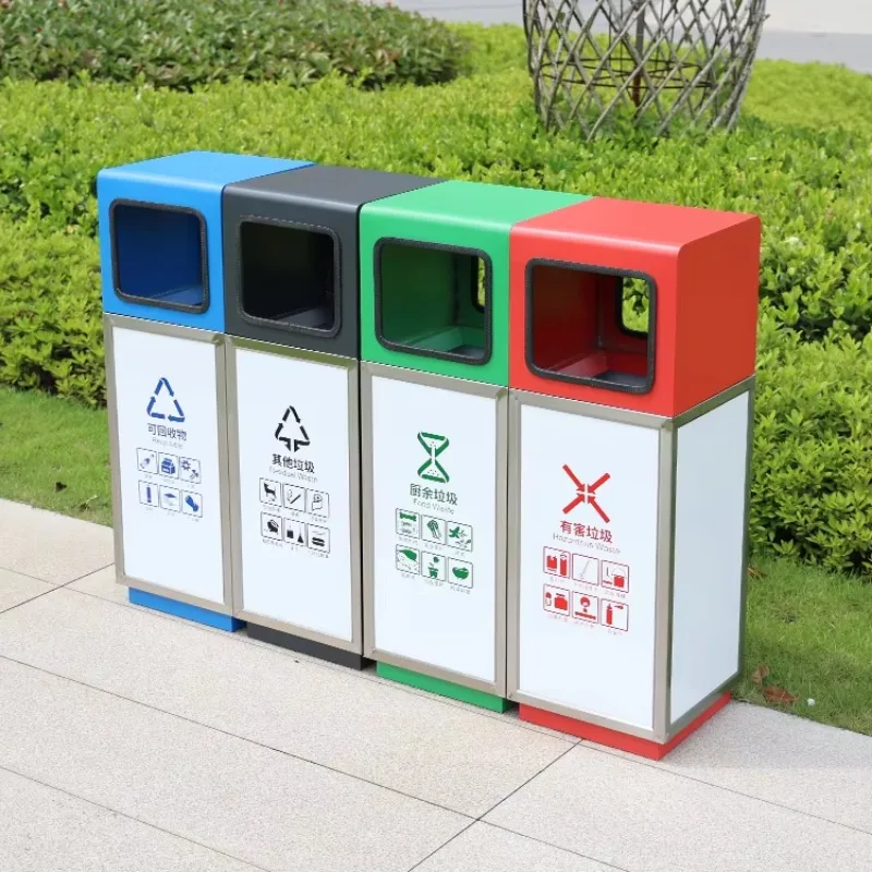 Modern 4 Compartments Street Garbage Public Outdoor Garden Stainless Steel Trash Bin Metal Dustbins for Park