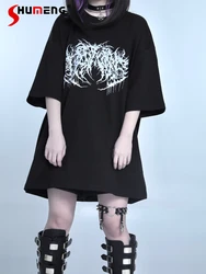 Japanese Mine Gothic Style Cotton Short-Sleeved Top Streetwear SubCulture Printed Round Neck Loose Casual Long T-shirt for Women
