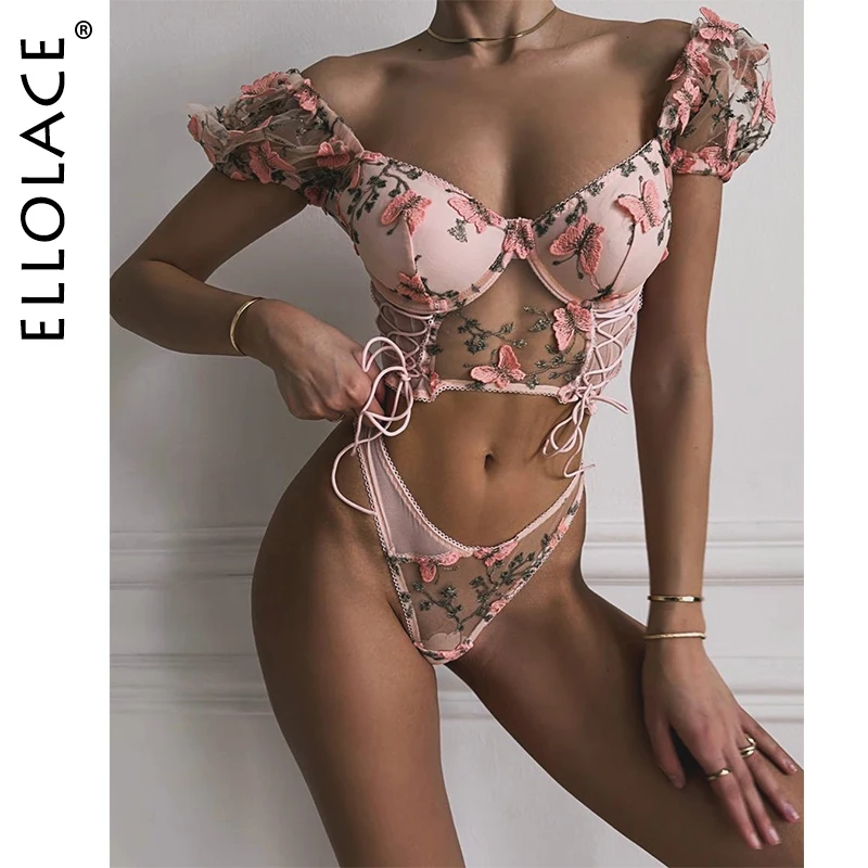 

Ellolace Cute Lingerie Sexy Women Beautiful Butterfly Embroidered Crop Top Panty 2PC Coquette Puff Sleeves Pure Desire Outfits