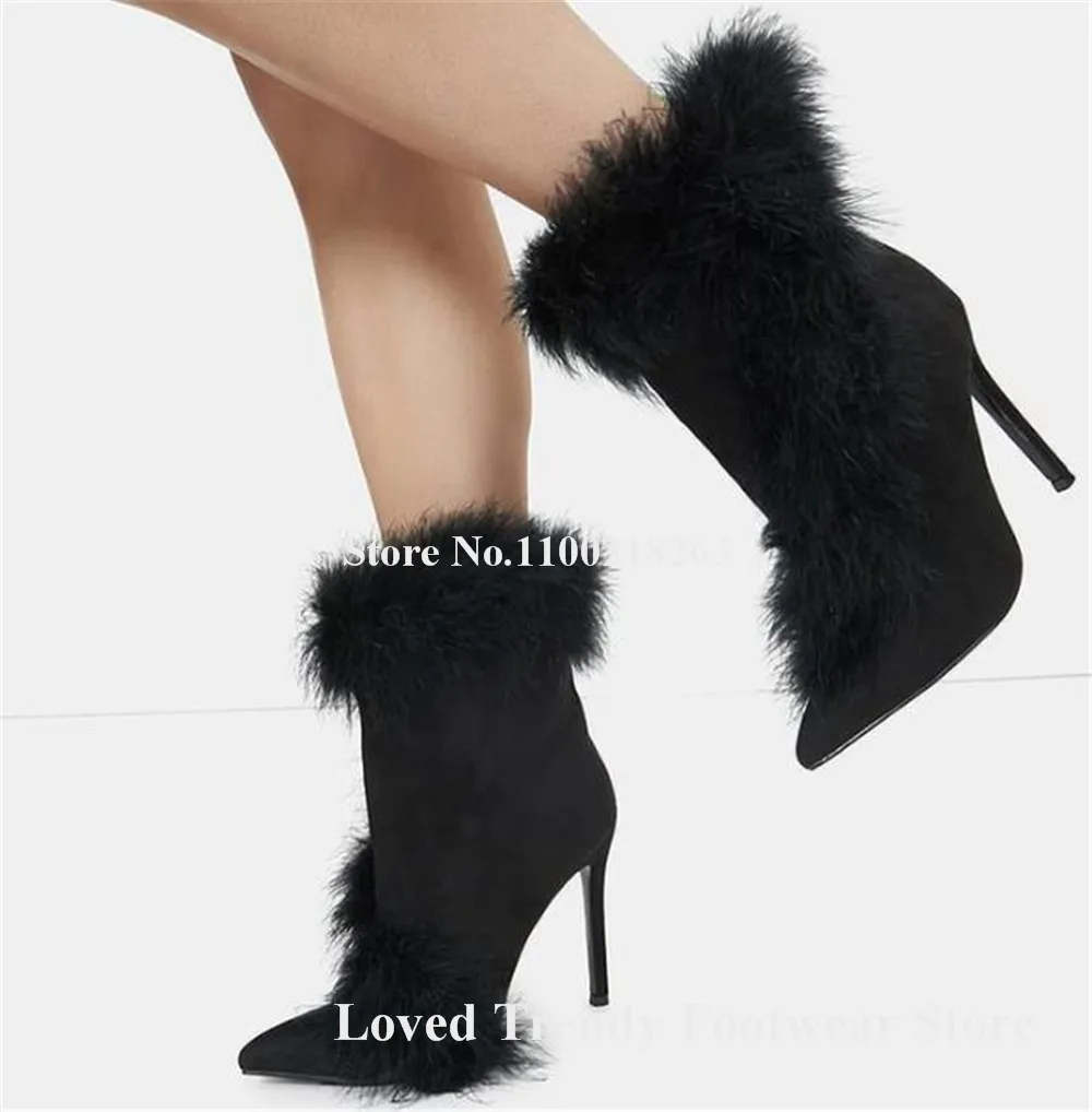 Fashion Black Fur Decorated Stiletto Heel Short Boots Pointed Toe Suede Slip-on Thin Heel Ankle Booties Big Size Winter Heels