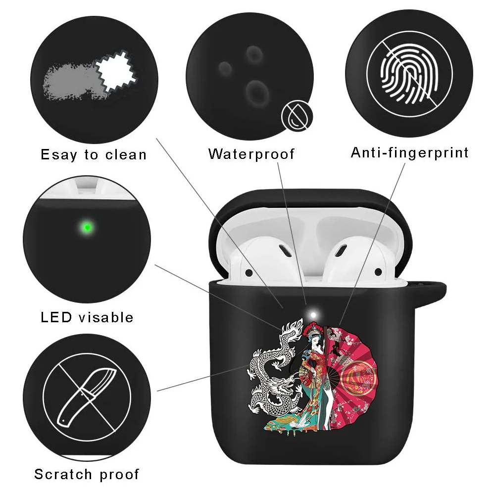 For Apple Earphone Case AirPods 1st / 2nd Generation Dust-proof Samurai Print Wireless Bluetooth Headphone Black Silicone Cover