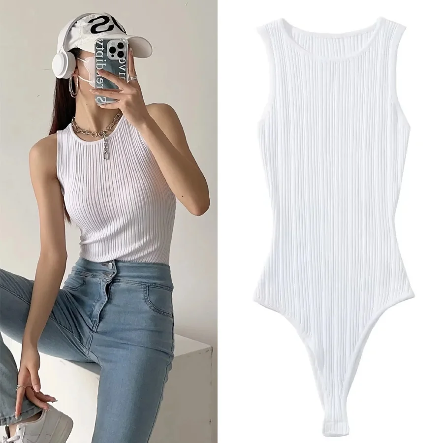 

Fashionable round Neck Jumpsuit Vest Top Women's Style Mixed Cotton Fabric Commute Friendly mid Waist Short Length Pants