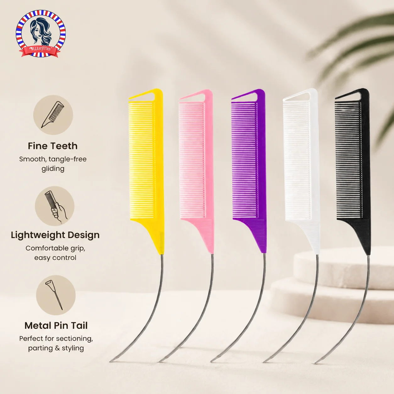 Plastic Heat Resistant Anti-Static Braiding Rat Tail Curved Steel Needle Parting Comb Professional Hairdressing Hair Accessories