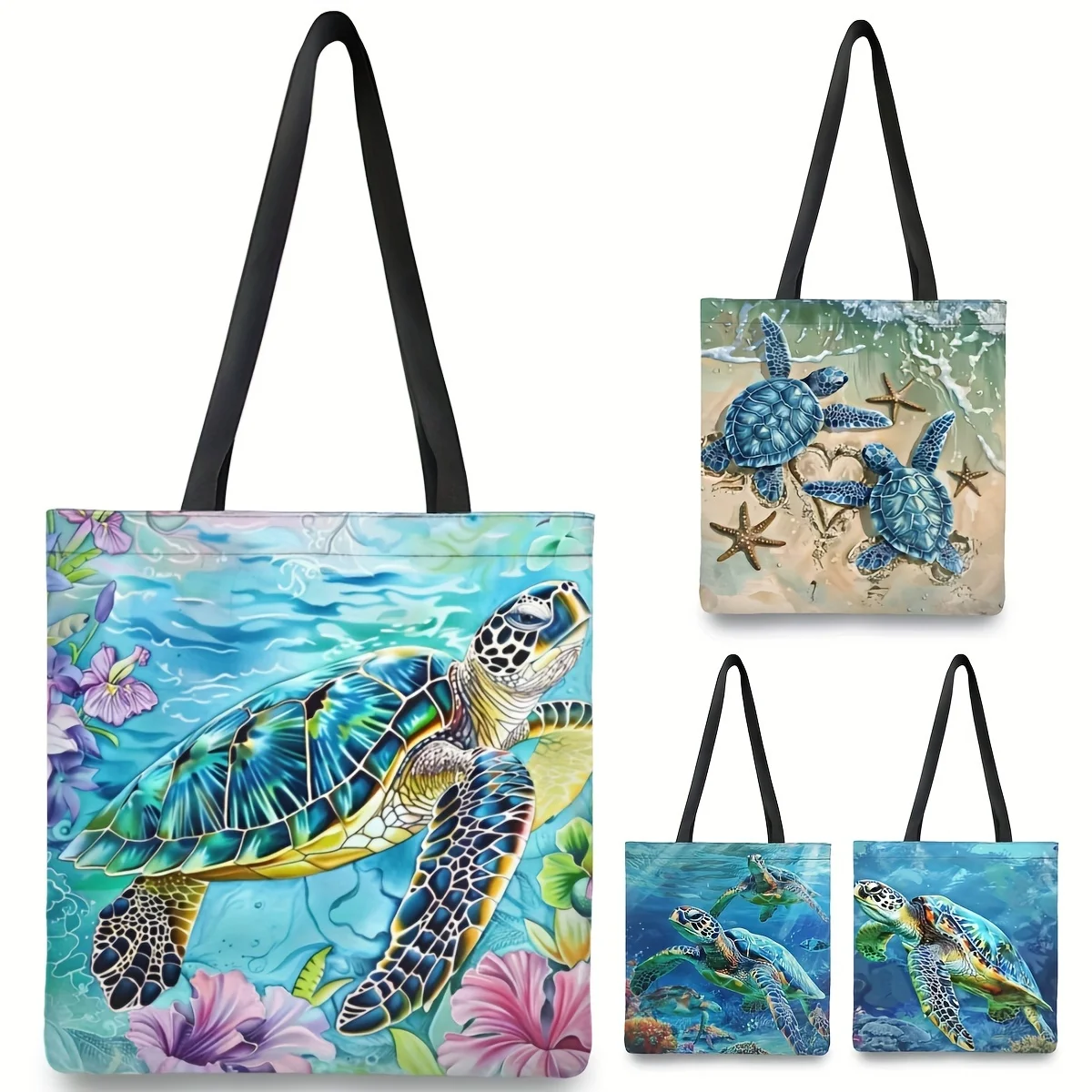 Lebendige Handtasche mit Meeresschildkröten- und Korallenriff-Aufdruck, großes Fassungsvermögen, robuste Polyester-Handtasche für Damen, lässiges Strand-Einkaufszubehör