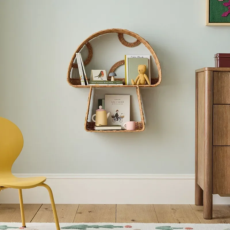 Handwoven Rattan Mushroom Wall Shelf Natural Plant Fiber Decorative Storage Rack for Hotel Homestay Living Room Modern