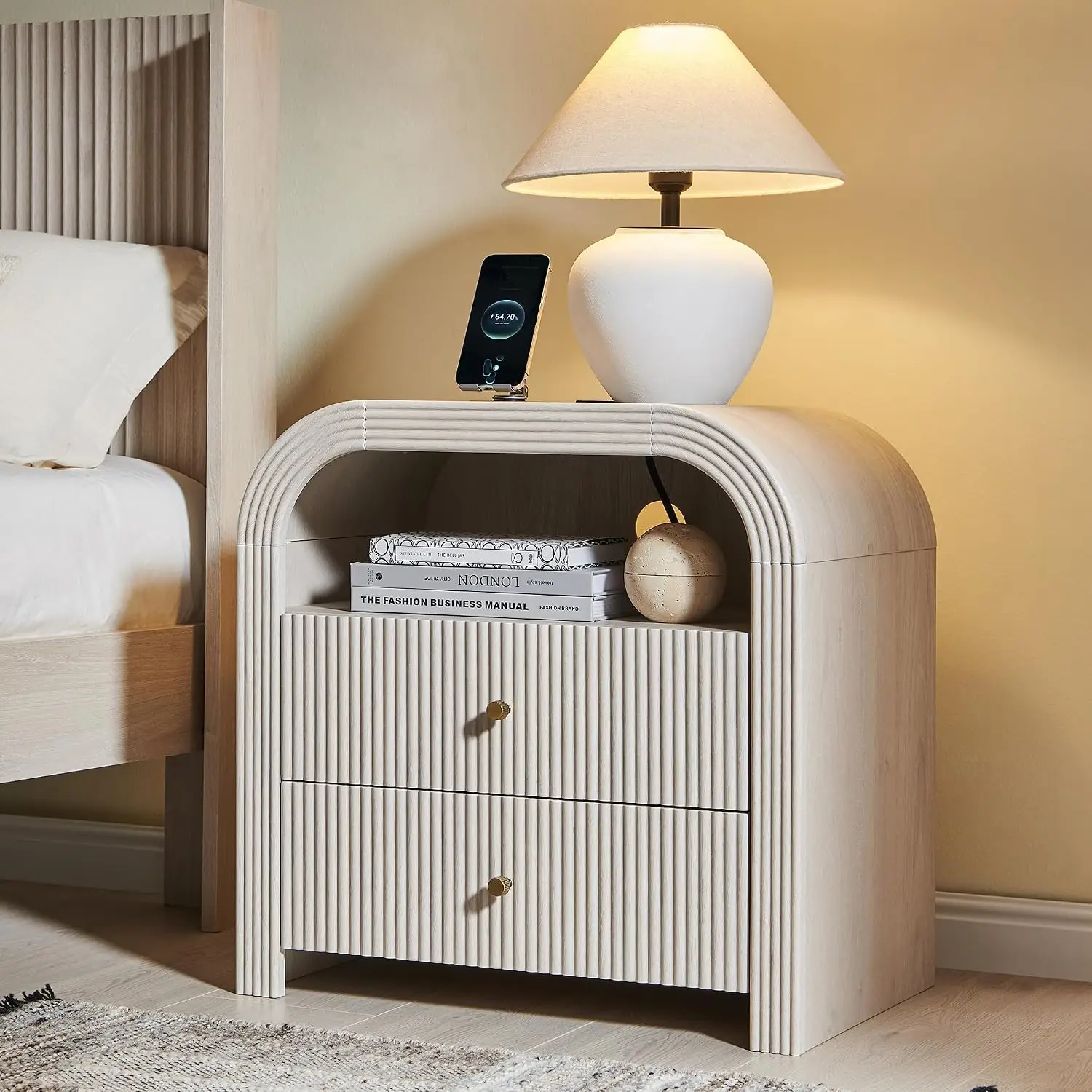 24 Inch Fluted Nightstand with Charging Station, White, Customized