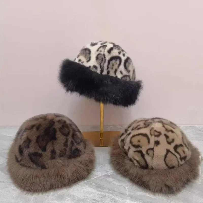 1 Stück Street Leopardenmuster-Eimerhut, mehrfarbig, warm, lässig, mongolisch, für Damen, geeignet für Herbst/Winter, Outdoor-Winter-Outfits