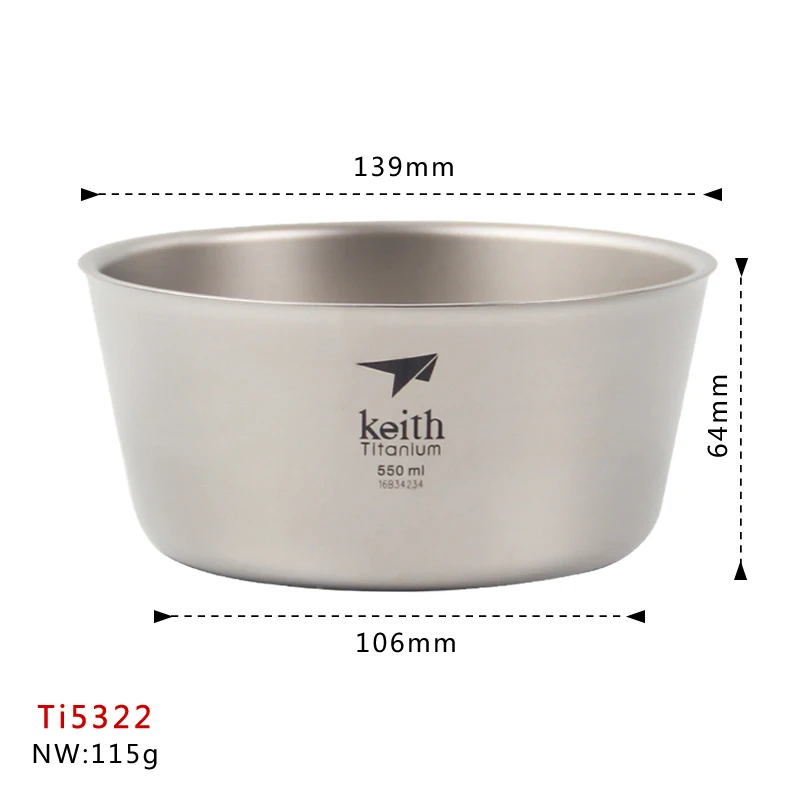 Keith Camping Titanium Bowl 550ml Double-wall Anti-scalding Outdoor Picnic Tableware Lunch Box Food Container