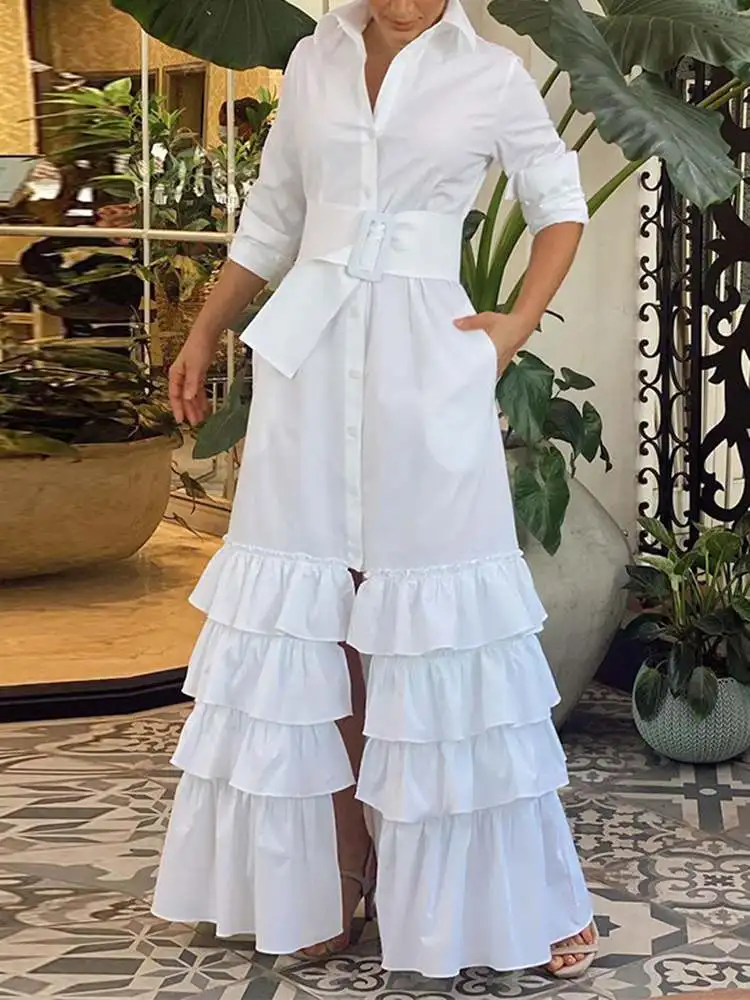 VONDA Elgant Long Dress Women 2023 Solid Color Ruffled Button Shirt Maxi Sundress Belted Solid Long Sleeve Casual Party Dress