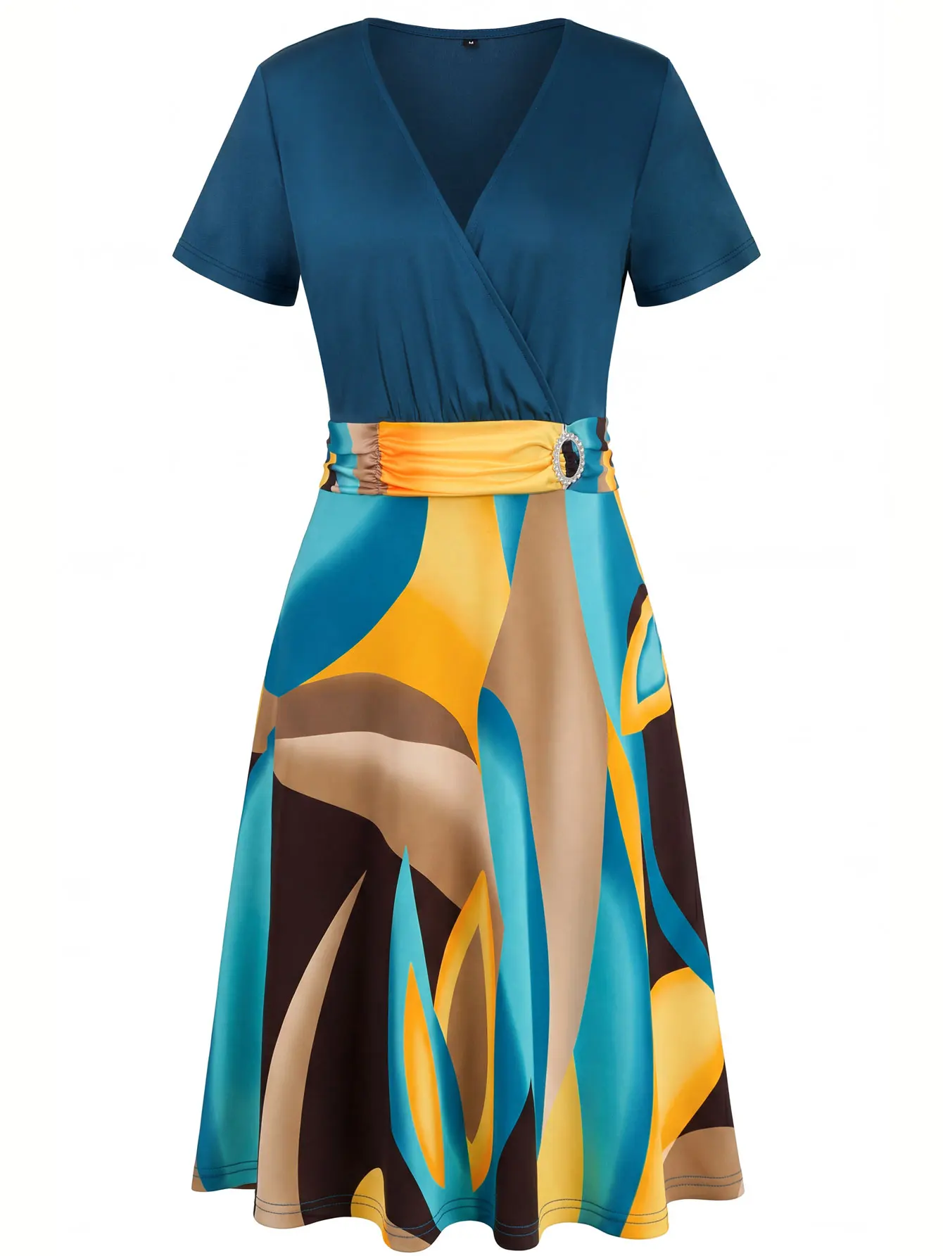 Womens Sexy V Neck Short Sleeve Summer Abstract Print Casual Wrap Beach Vacation Party Swing Knee Length Dress