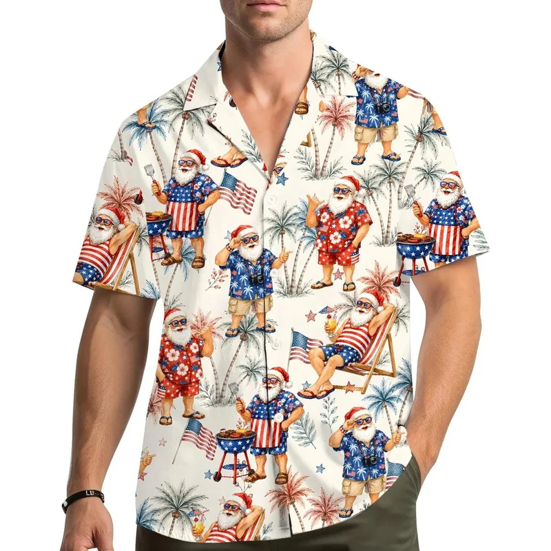 2027 Vintage Christmas Hawaiian Shirt Cream Santa Car Gingerbread Tree Prints Mens Button Up Short Sleeve Shirts for Holidays