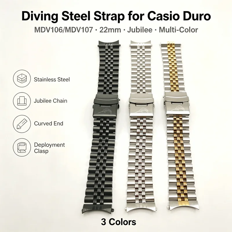 22mm Premium Steel Metal Strap for Casio Duro MDV106 Jubilee Curved End Multi-Color Deployment Clasp Men Replacement Watch Band