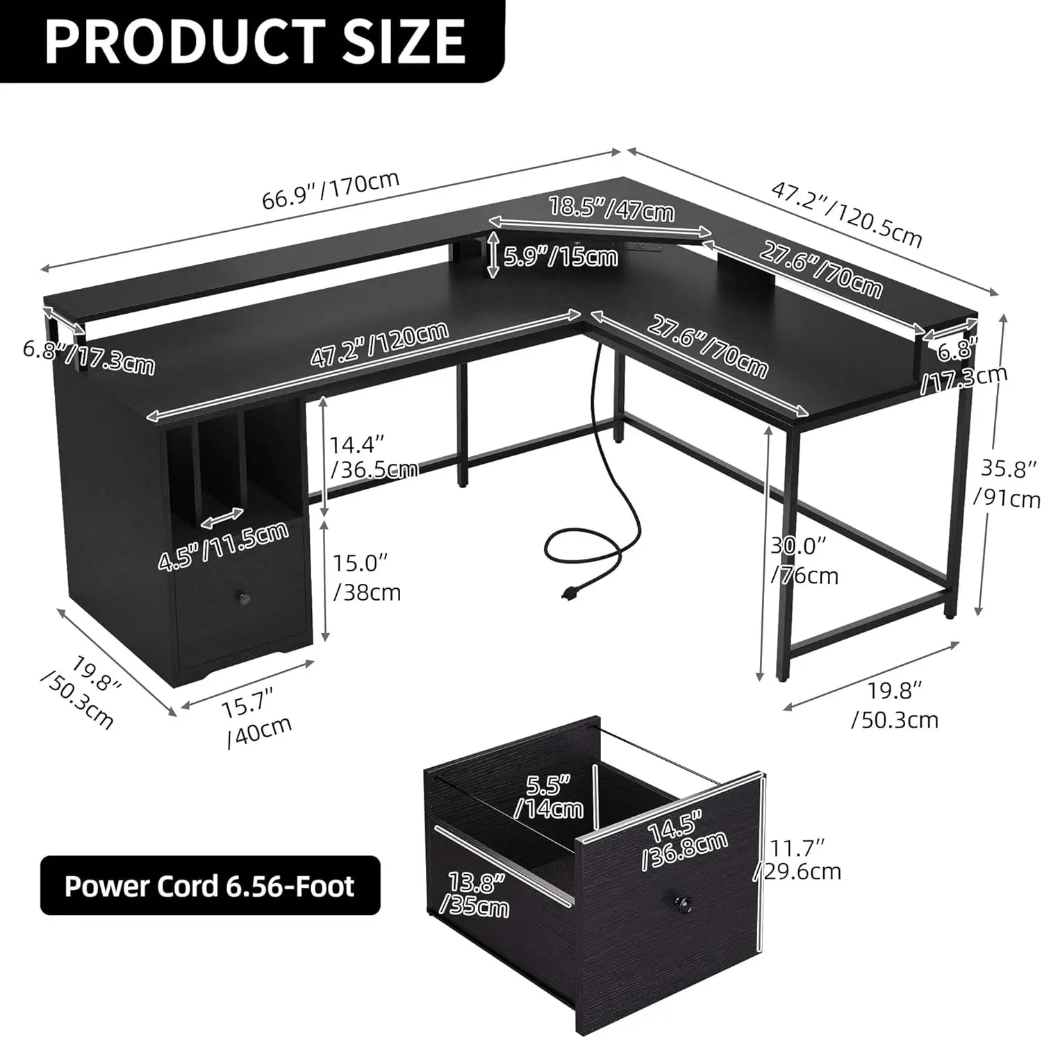 L Shaped Desk with File Drawer 3 Cubbies Storage Shelves Corner Computer LED Lights Power Outlets Office Desk with Monitor Stand