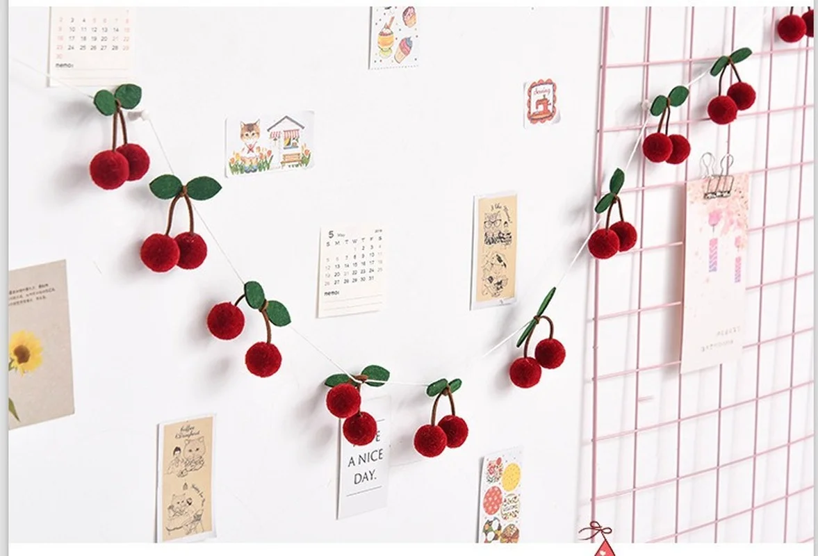 Cherry Felt Ball Handmade Garland String Wall Hanging Ornaments Hair Ball Pendant Kids Room Decoration Baby Shower Party Favor