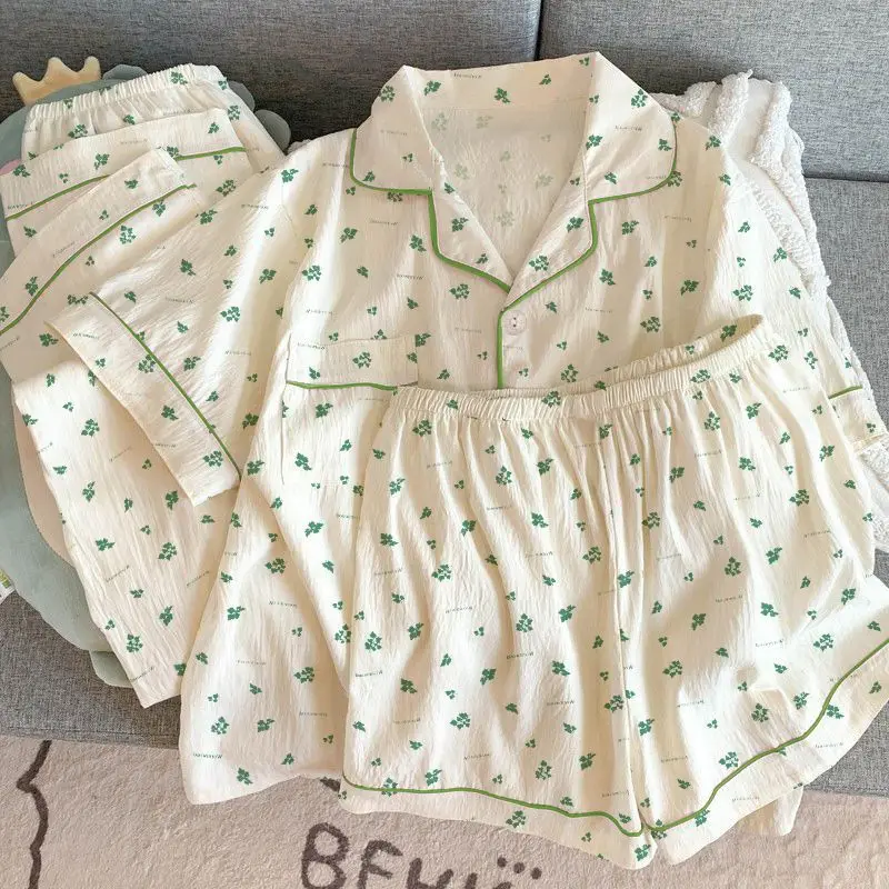 Women Pajama Set 3 Piece Short Sleeve Shorts Trousers Sleepwear Green Floral Print Cotton Crepe Pyjamas Summer Home Clothes New