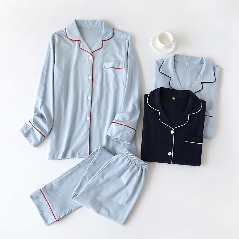 Knitted Pure Cotton Couple Pajamas Men and Women Spring and Autumn Lapel Solid Long sleeve Japan fashion Simple Home Wear Set