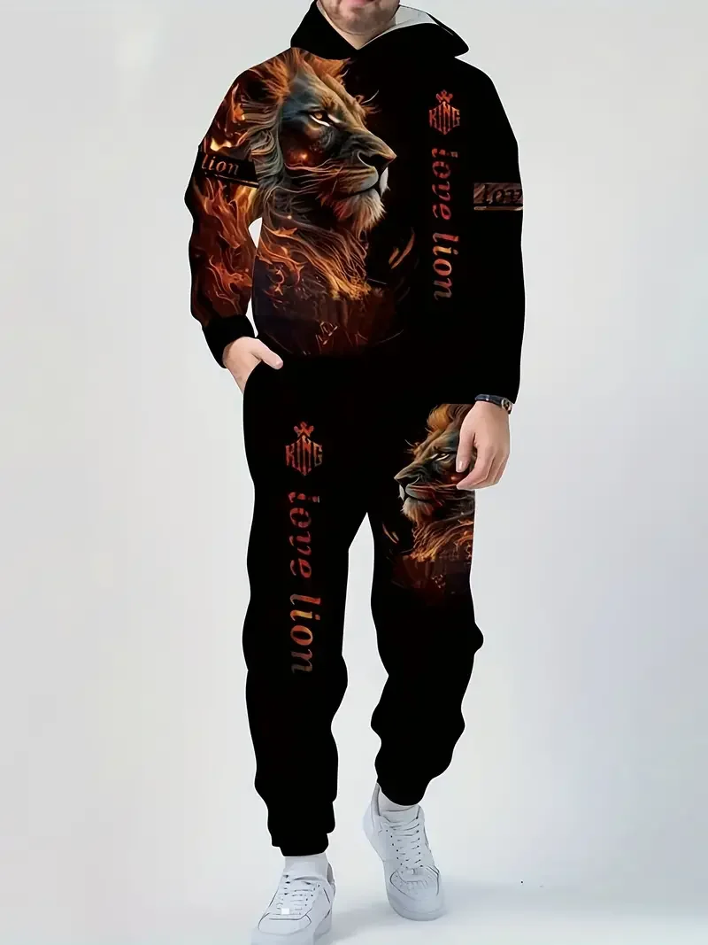 Funny 3D Lion Pattern Men's Hoodies Sets Autumn and Winter Casual Sweatshirts and Pants 2 Piece Outfit Fashion Loose Sports Suit