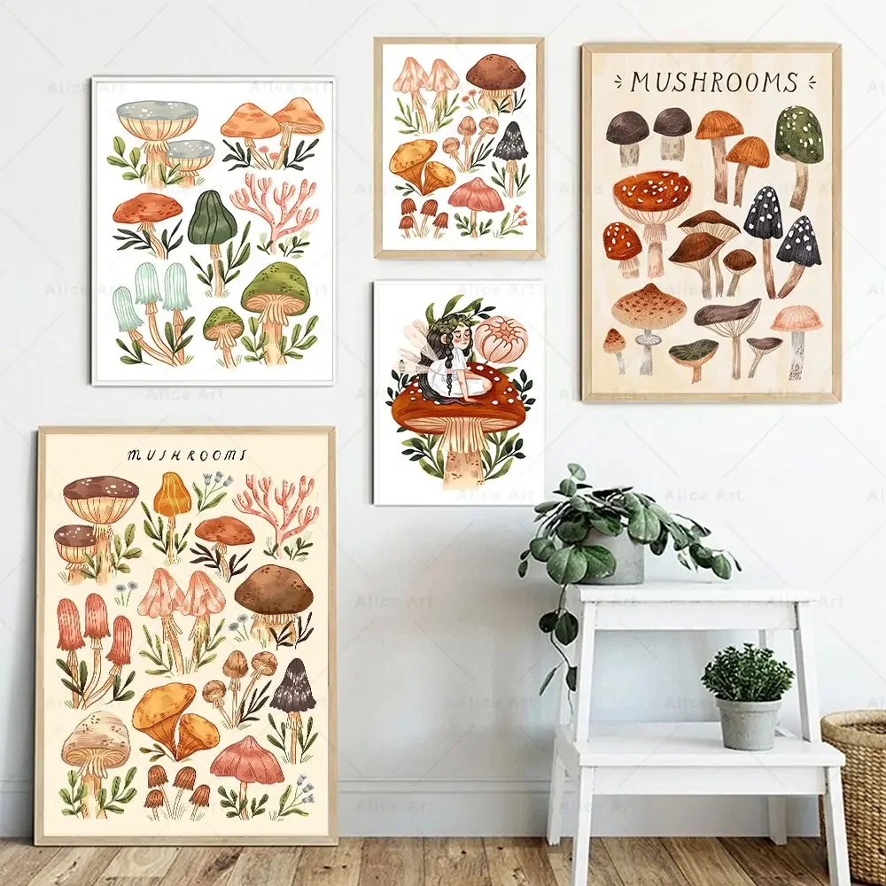 Vintage Mushroom Girl Poster Botanical Art Education Wall Art Canvas Painting Cartoon Fungi Picture Prints Kids Room Home Dec