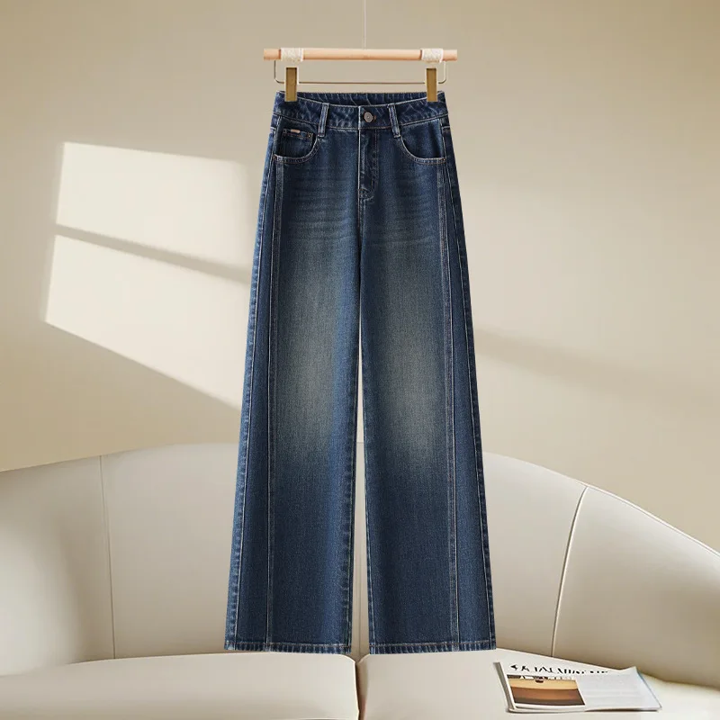 أزياء الأزرق واسعة الساق الجينز الخريف الأمريكية الرجعية عالية الخصر التخسيس فضفاض السراويل المستقيمة السراويل الطويلة