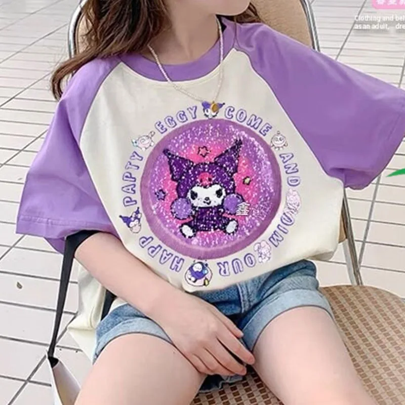 Kawai Anime Sanrios Kuromi Cartoon Short-Sleeved Cinnamoroll Kids Cotton T-Shirt Loose Versatile Tops Casual Summer Kids Clothes