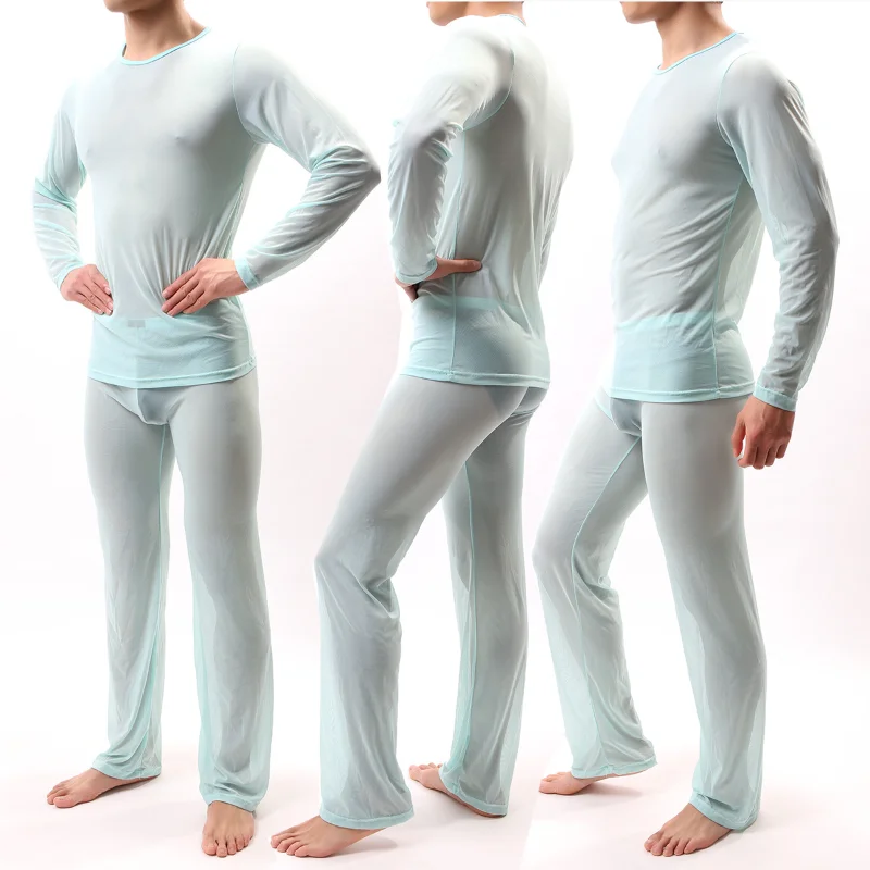 Terno de pijama sexy masculino, tops e calças em perspectiva, calças de manga comprida com alta elasticidade para boate, calças de gaze, roupas de