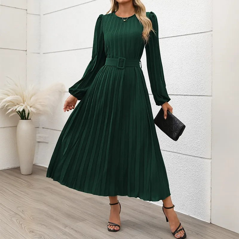 Green Elegant Long Women's Dress Round Neck Pullover Pleated Waist With Lantern Sleeves High Waisted Dress Autumn New Item 2025