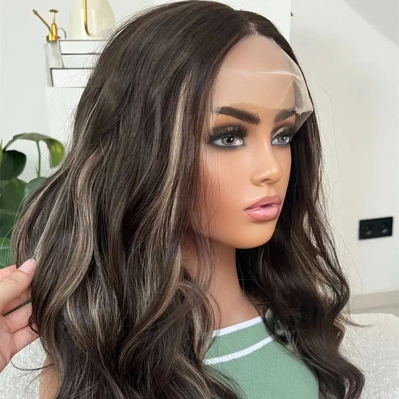 أومبير بني داكن مع خطوط شقراء الاصطناعية HD الدانتيل شعر مستعار أمامي شعر مستعار واقعي عالية 20 بوصة متوسطة طويلة شعر مستعار الجسم موجة