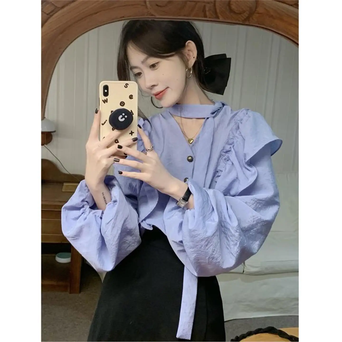 

Elegant Long Sleeve Lantern Sleeve Shirt Women's Spring Autumn New Design Belted Chic Brandless Versatile Style V-neck ...