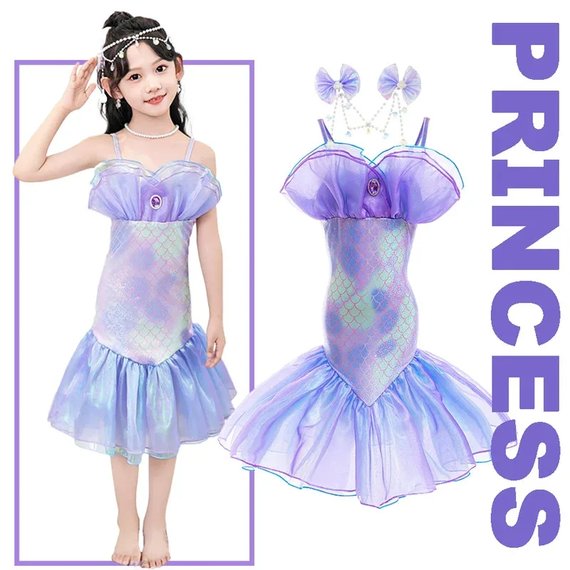

Little Mermaid Princess Costume Girl Fancy Print Ariel Fishtail Dress Kids Halloween Kindergarten Performance Vacation Wear