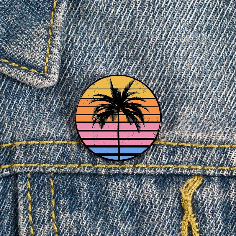 Synthwave Sun Palm Trees Printed Pin Custom Funny Brooches Shirt Lapel Bag Cute Badge Cute Jewelry Gift for Lover Girl Friends