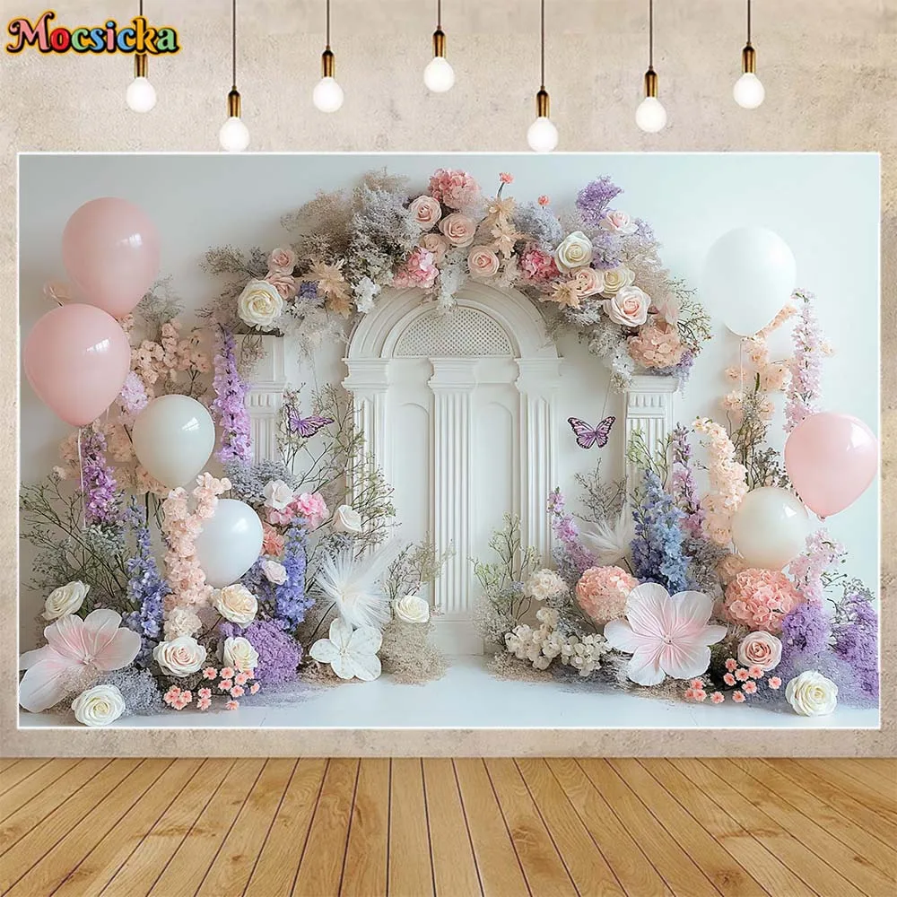 Mocsicka Baby Kids Adult Photography Background Flower Butterfly Balloon White Arch Door Wedding Women Photo Backdrop Photoshoot