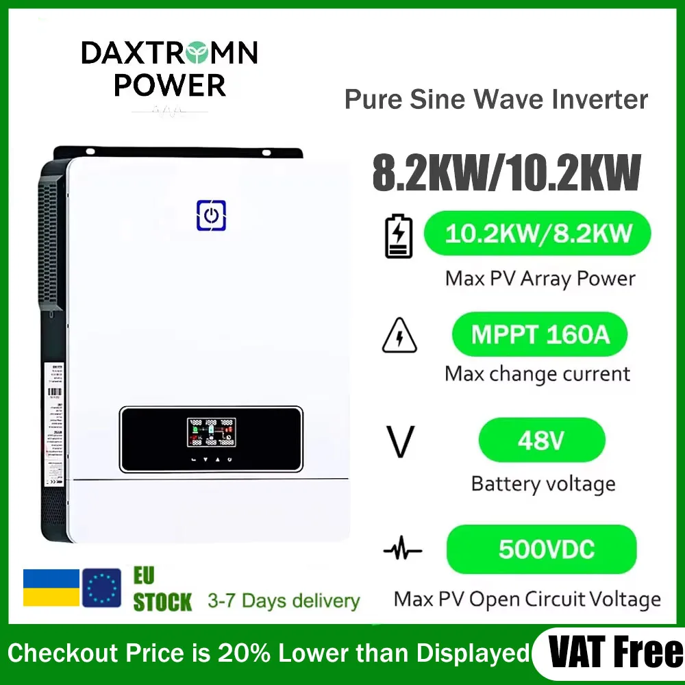 Daxtromn 8.2KW 10.2KW Hybrid Solar Inverter 48V Hybrid with 2 MPPT 160A Pure Sine Wave 220V 500VDC Solar Charger Controller