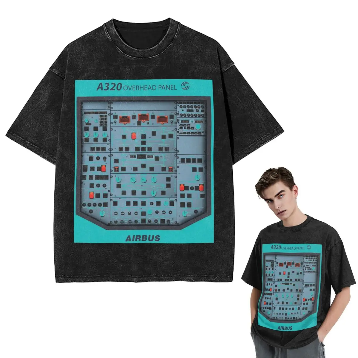 Streetwear T-Shirts AIRBUS A320 OVERHEAD PANEL Washed T Shirt Short Sleeve Hip Hop T-Shirt Tops Tees for Men Women