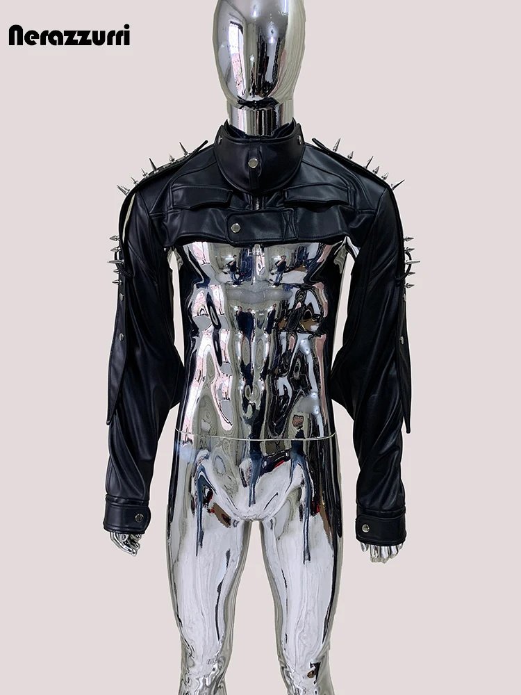 Mauroicardi Cool Black Cropped Pu Leather Jacket Men Rivet Shoulder Pads Zip Up Short Luxury Punk Style Clothes European Fashion