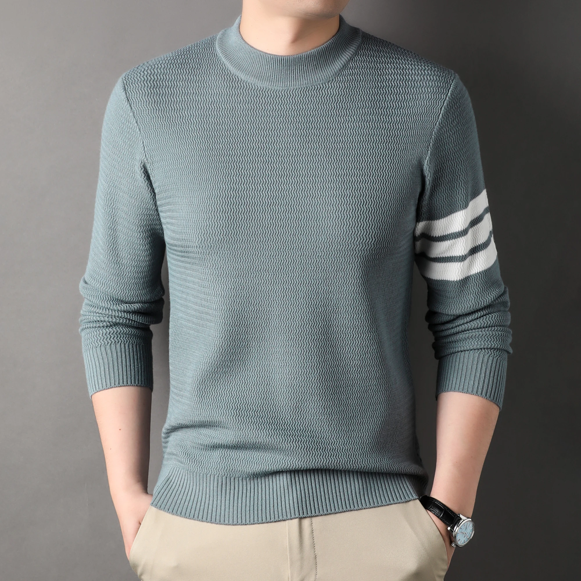 High end brand men\'s round neck knitted sweater autumn winter fashion Korean style light luxury striped design warm pullover