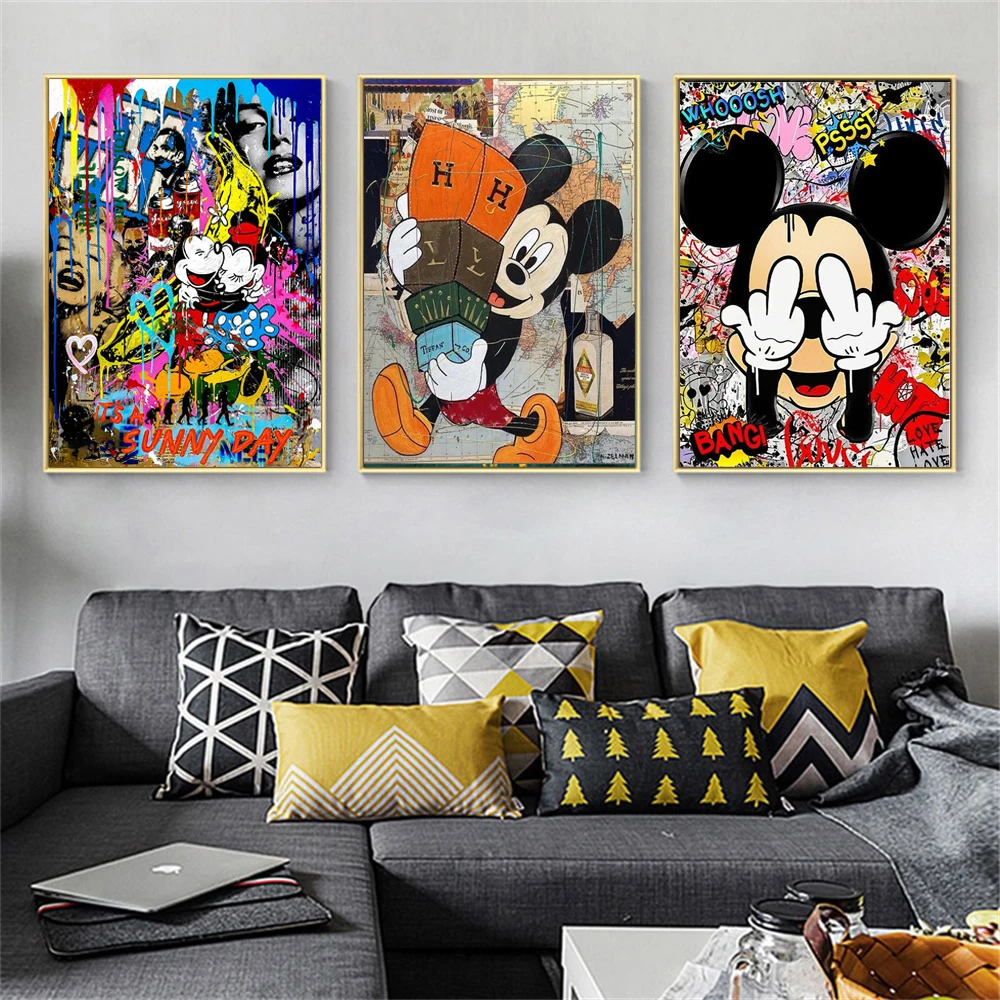 

MINISO Disney Graffiti Canvas Painting Mickey Mouse Canvas Poster And Prints Wall Art For Living Room Home Decor Kids Gifts
