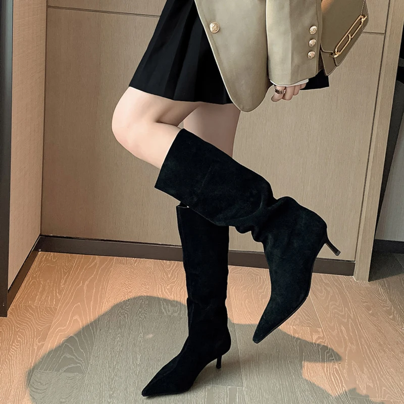 Taoffen Genuine Leather Long Boots For Women Thin High Heel Winter Shoes Solid Color Fashion Casual Women Footwear Size 33-40