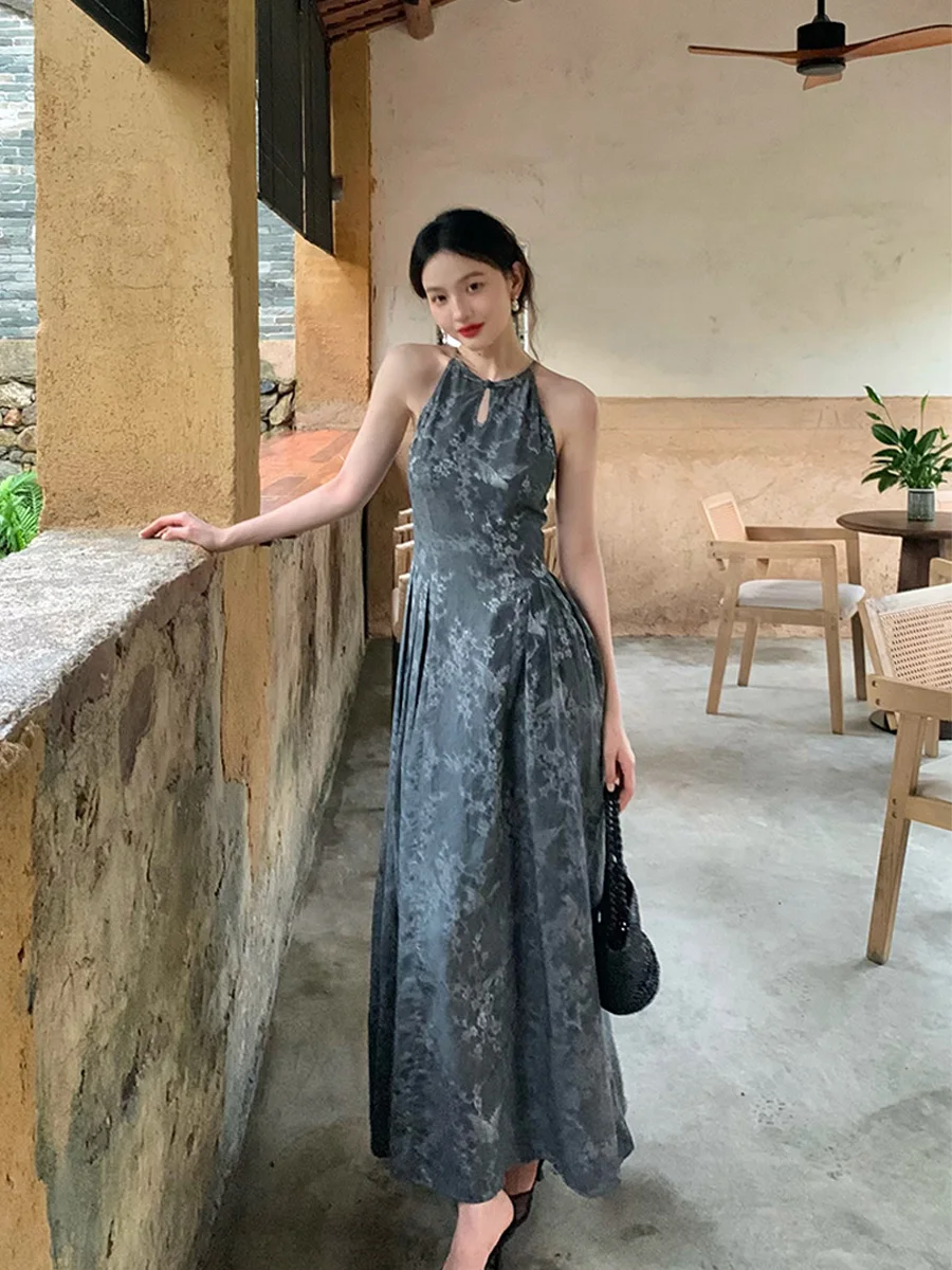 

New Chinese Style Maxi Dress Women's Summer Sleeveless Gown Neck Hanging Hollow out Collar Large Skirt A-Line Long Dress