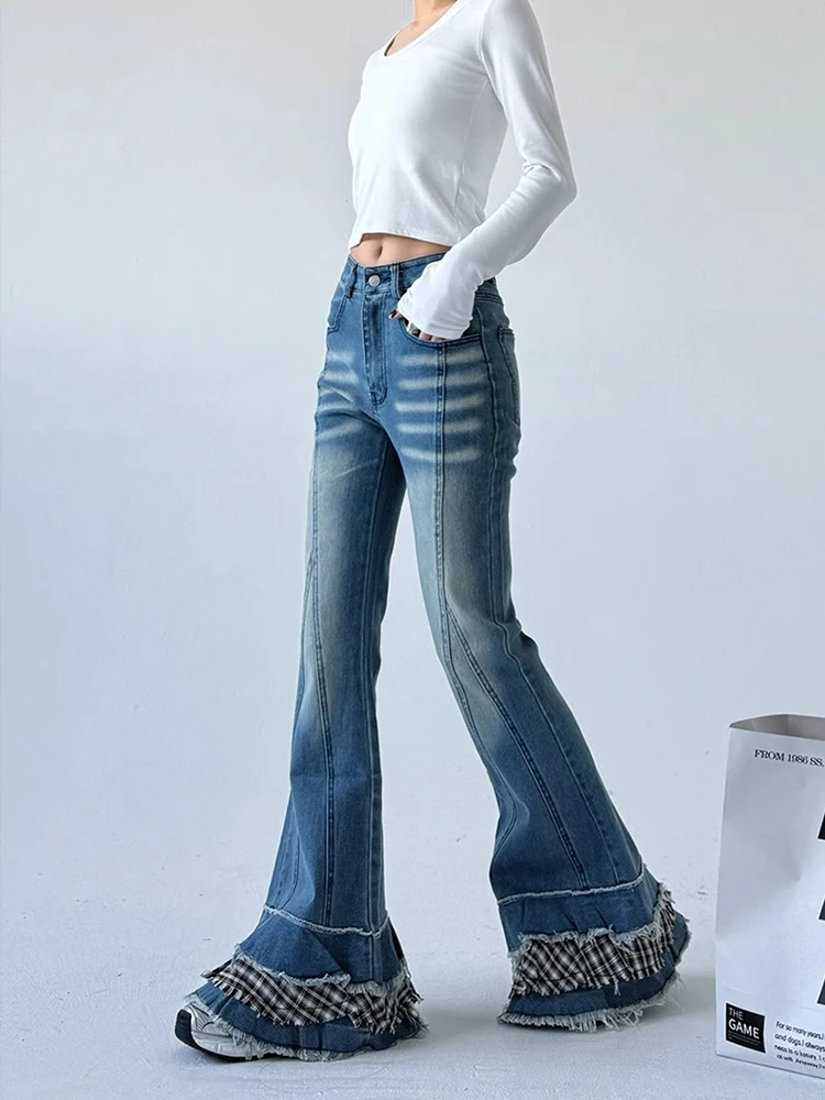 ReddaChic 2000s Distressed Bootcut Cake Pants Women Vintage Patchwork Plaid Whiskers High Waist Flare Jeans Kawaii Bell Bottoms