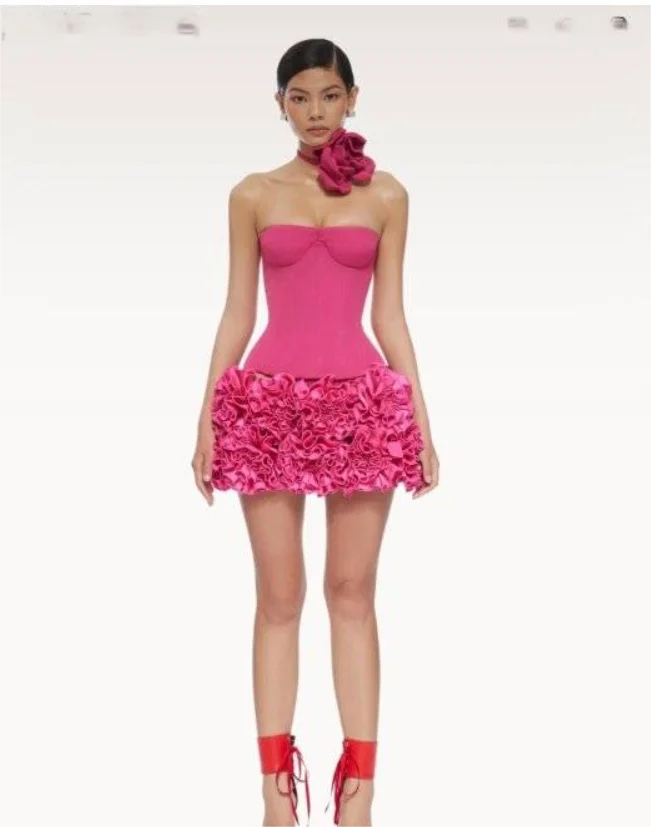 Rot-rosa Farbe für Damen, sexy, trägerlos, figurbetont, mit Schnürung, Blumenmuster, 2-teiliges Minikleid, feiern Sie Weihnachtsabend-Partykleid