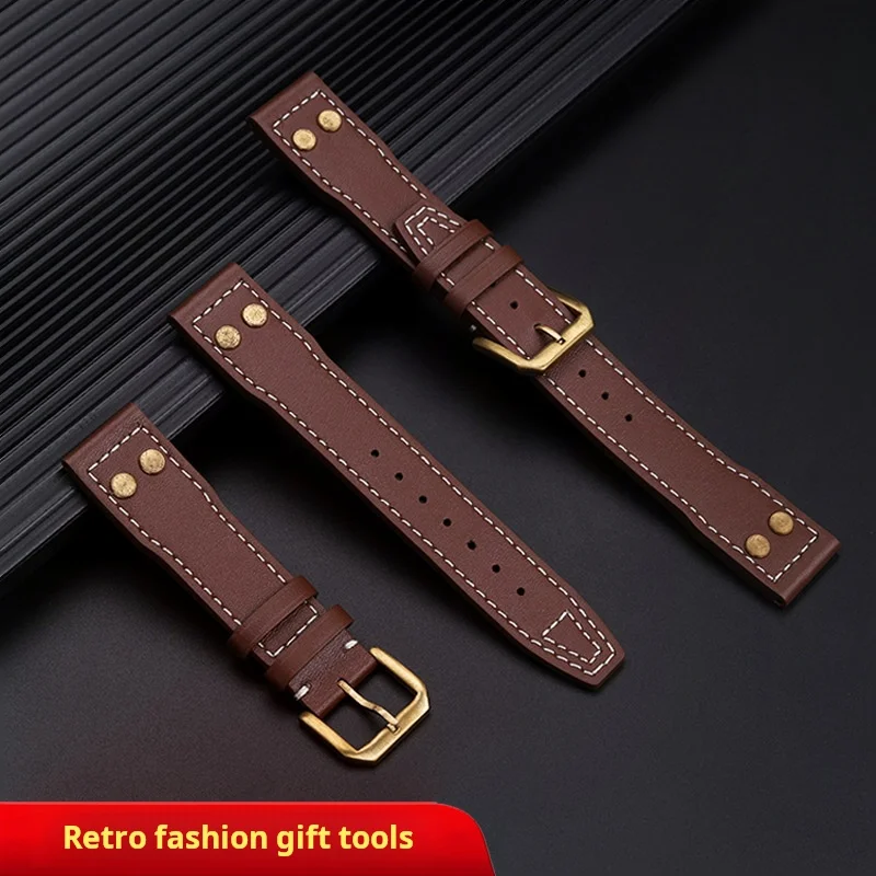 Vintage Bronze rivet Leather Watchband For IWC Big Pilot Top Gun Spitfire -20mm 21mm 22mm Brown Replacement Retro Watch Strap
